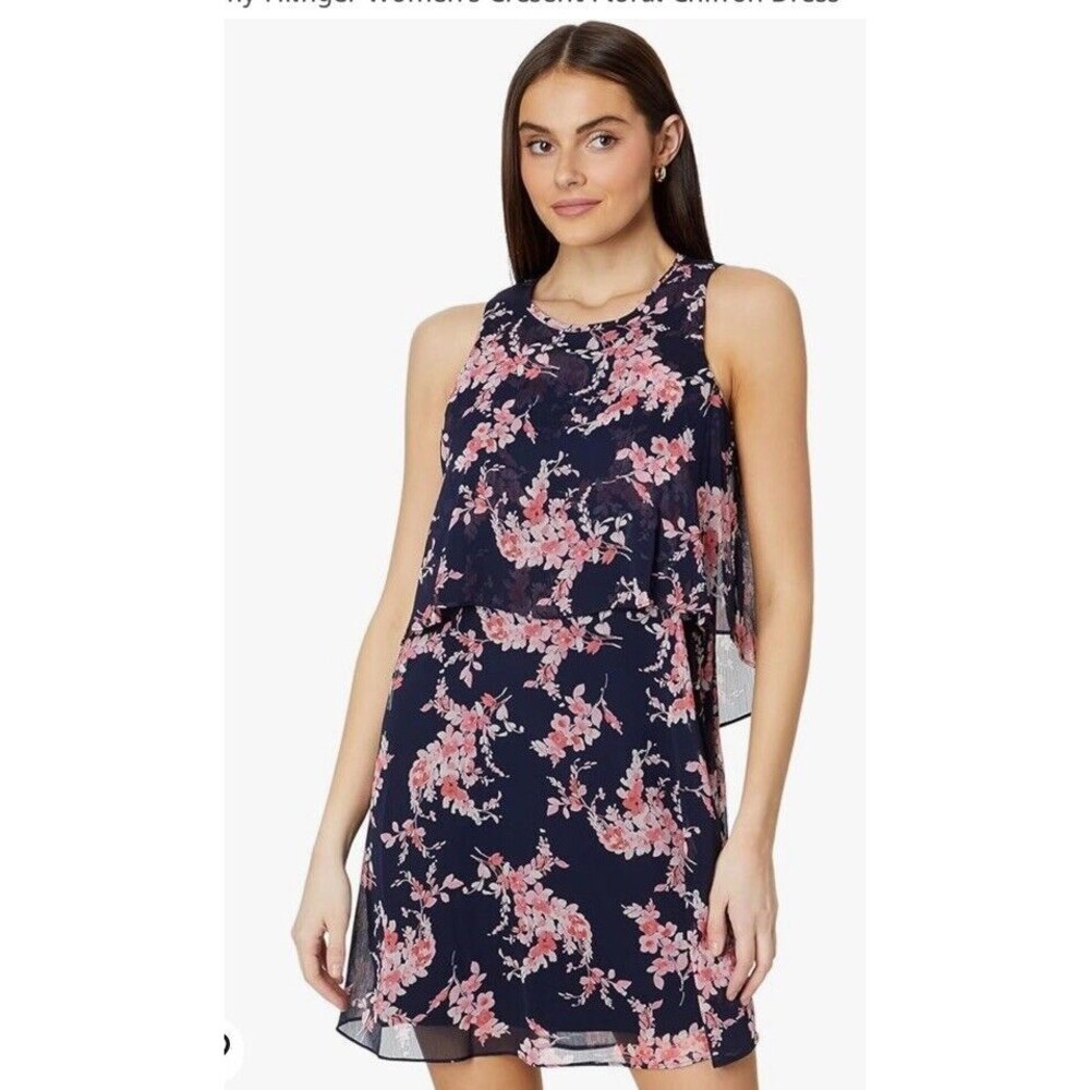 Tommy Hilfiger Black And Pink Crescent Floral Chiffon Sleeveless Dress-size 6